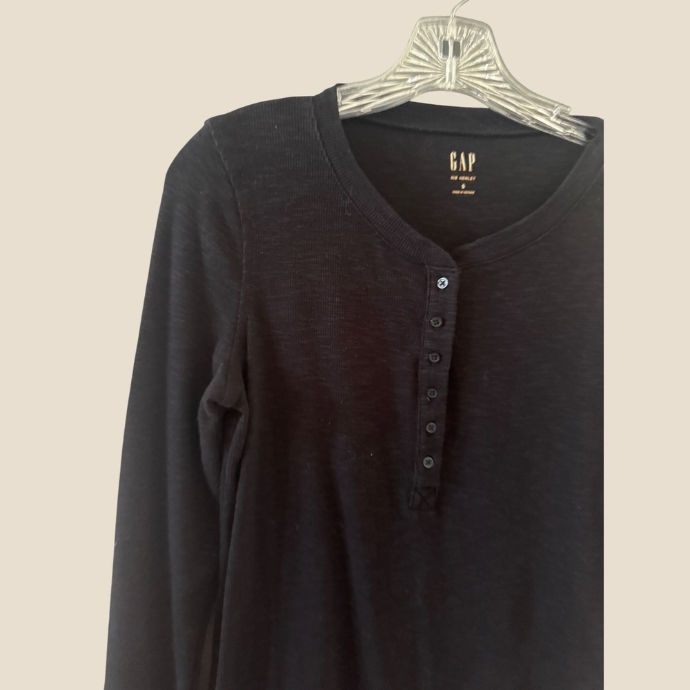 GAP Rib Henley Long Sleeve Shirt Black Slim Fit Curved Hem Small